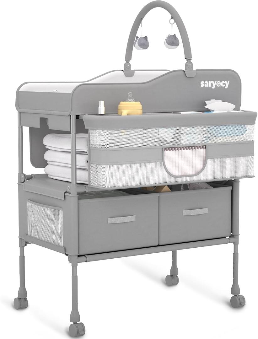 Baby Changing Table, Versatile Folding Changing Table, Waterproof Diaper Changing Station, Adjustable Height with 2 Drawers,Baby Changing Station, Mobile Nursery for Infant and Newborn