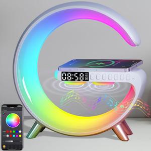 Table Lamp with Wireless Charger, Atmosphere Lamp with White Noise, Smart Light Sound Machine, Bluetooth Speaker with Alarm Clock, App Control Night Light Lamp for BedroomLarge G NH-69