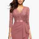 Miusol Women's Retro V Neck Floral Lace Ruffle Style Cocktail Party Dress L