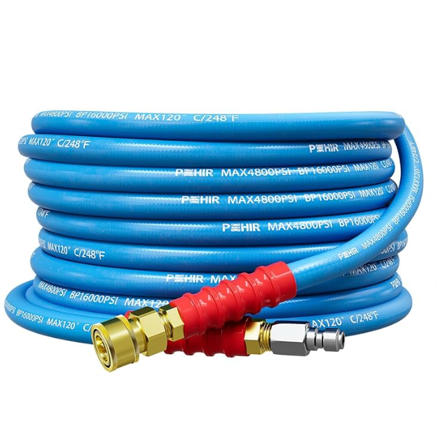 POHIR 25ft Pressure Washer Hose 3/8" 4800 PSI, No Marking Kink Free Hose with Quick Connect Ends and Adapters for Hot & Cold Water up to 248°F, Steel Wire Braided Hose for Power Washing