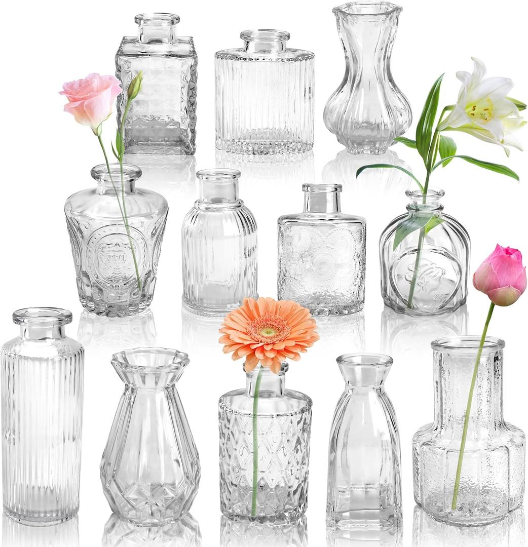 Der Rose Glass Bud Vases Set of 12, Small Bud Vases for Flowers, Rustic Wedding Centerpieces and Home Decor (Clear)
