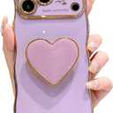 Compatible with Cute iPhone 17 Pro Max case 6.9'', Purple Wave Frame Shape Phone Case with Love-Heart Kickstand Raised Camera Protection Luxury Plating Shockproof TPU Protective Cover for Women Girls