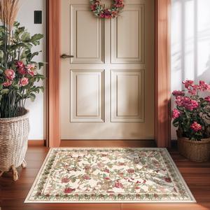 jinchan Floral Area Rug 2x3 Entryway Vintage Washable Indoor Doormat Accent Rug Lightweight Soft Christmas Small Non-Slip Low Pile Distressed Red Green Carpet for Entrance Kitchen Bedroom Bathroom