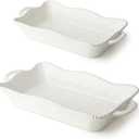 Perlette Cream Large Rectangular Ceramic Baker – 19 x 10 Inch Scalloped Oven-to-Table Stoneware Bakeware with Beaded Rim – Elegant Farmhouse Bake Dish for Lasagna, Casseroles, and Hosting