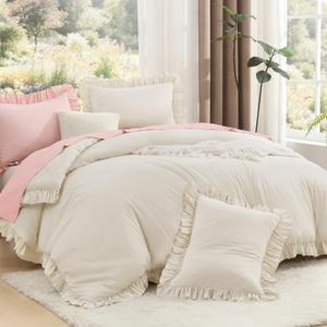 Litanika Comforter Full Size Set Beige, 3 Pieces Ruffle Lightweight Bedding Comforter Set, Fluffy Bed Set (79x90In Comforter, 2 Pillowcases)