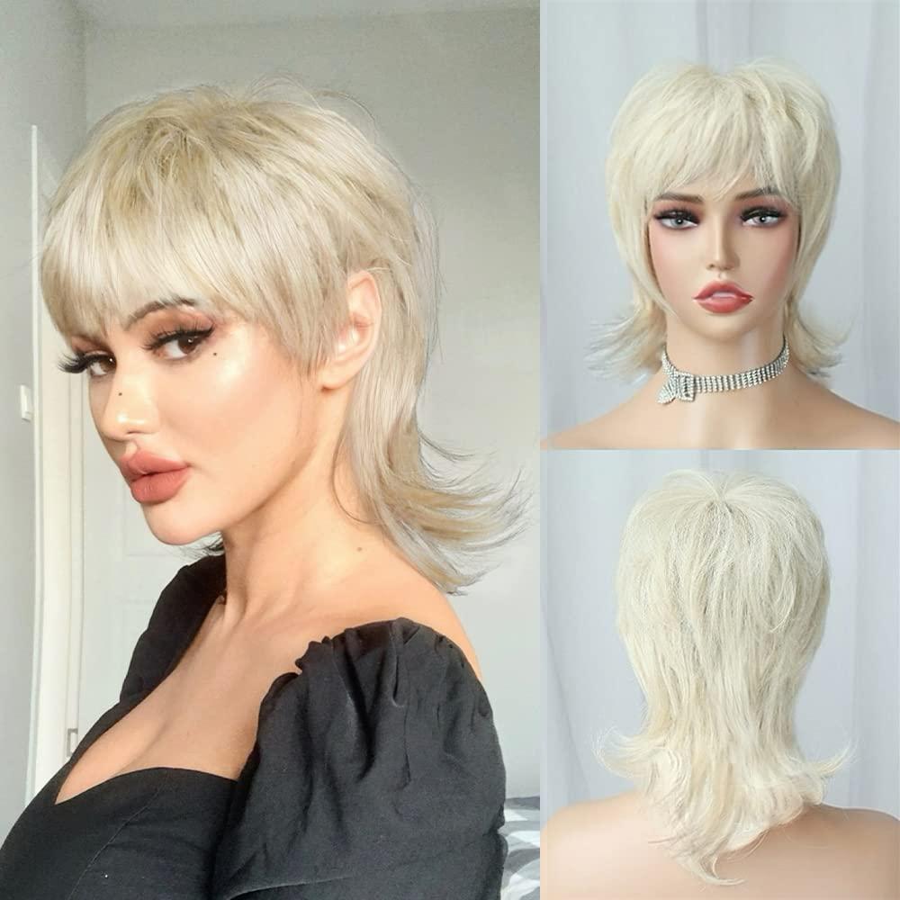 Short Blonde 613 Platinum Shaggy Layered 80s Mullet Pixie Wig with Bangs Wolf Cut Curly 90s Synthetic Funny Fake Fun Hair Replacement Wigs for White Women Daily Party Cosplay Halloween Costume Use