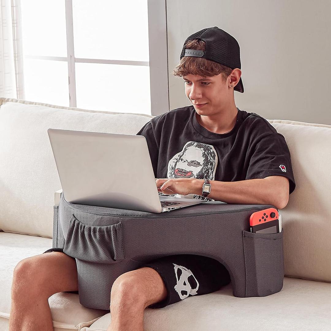 comehealthy Lap Desk Pillow for Laptop, Reading Pillow for Gaming with Pockets, Soft Lap Desk for Couch, Memory Foam Laptop Pillow for Working, Crocheting or Sitting in Bed Sofa(Dark Grey)