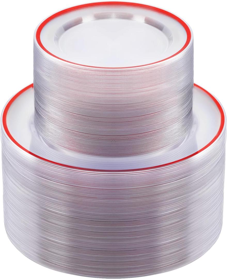 BESTSTAR 200PCS Red and Clear Plastic Plates, Disposable Plate Set with 100 Dinner Plate and 100 Dessert Plates for Party, Christmas, Valentine's Day