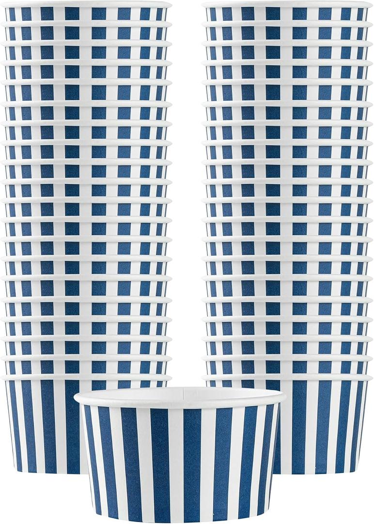 Restaurantware Coppetta 8 Ounce Dessert Cups, 50 Disposable Ice Cream Cups - Lids Sold Separately, Sturdy, Blue And White Paper FroYo Bowls, Striped, For Hot And Cold Foods, Perfect For Gelato, 50 Count