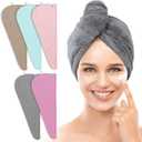 TENSTARS 5 Pack Thicken Microfiber Hair Towel Wrap for Women - Elastic Loop Design - 320GSM Coral Velvet - Quick Dry Hair Turban - 11x28 Inch (Grey+Pink+Brown+FrozenBlue+FrozenBerry)