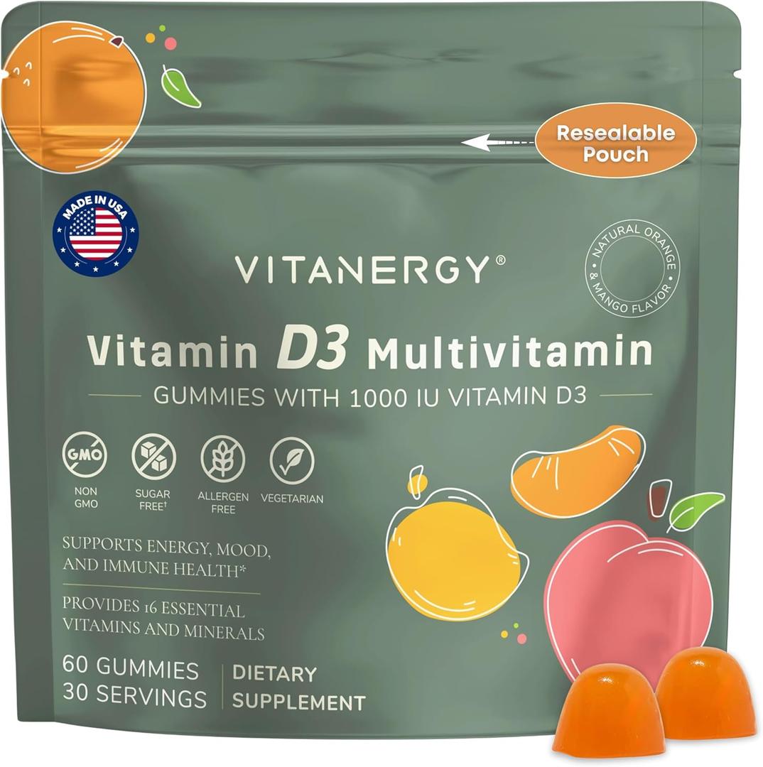 Vitanergy Multivitamin Women Gummies with Vitamin D3 K2, 16 Essential Vitamins and Minerals, Bone, Heart and Immune Support, Vegan, Sugar-Free, Mango Orange Flavor, Portable Pouch, Made in USA, 60 Ct