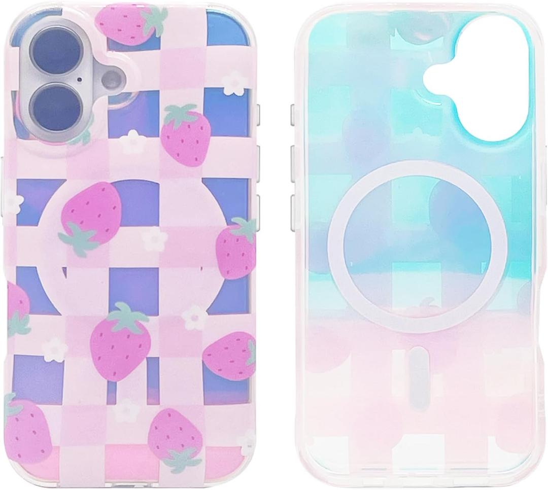 Magnetic Case Compatible with iPhone 16 6.1 inch 2024 for MagSafe Charging Soft TPU Bumper Slim Shockproof Protective Cute Cover (Holographic Checkboard Strawberry)