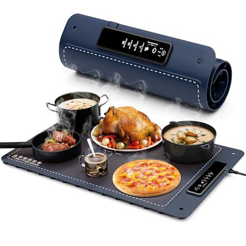Warming Mat for Food, Fousixdi Electric Warming Mat Full Surface with 4 Temperature Levels, Auto Shut-Off, Timer Function, Fast, Even Heating Silicone Food Warmers for Buffets, Parties & Everyday Use