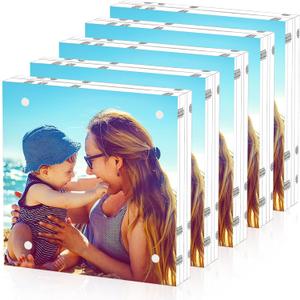 HELPLEX Acrylic Frame, 5 Pack 5x5 Acrylic Picture Frames, 20mm Thicker Frameless Clear Double Sided Magnetic Frame, Free Standing Desktop Display