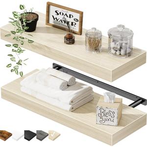 QEEIG Bathroom Floating Shelves for Wall - 15.7" Wall Mounted Shelf Over Toilet Farmhouse Home Decor Display Bookshelf Small 15.7 x 6.7 inch Set of 2, Natural (008-40N)
