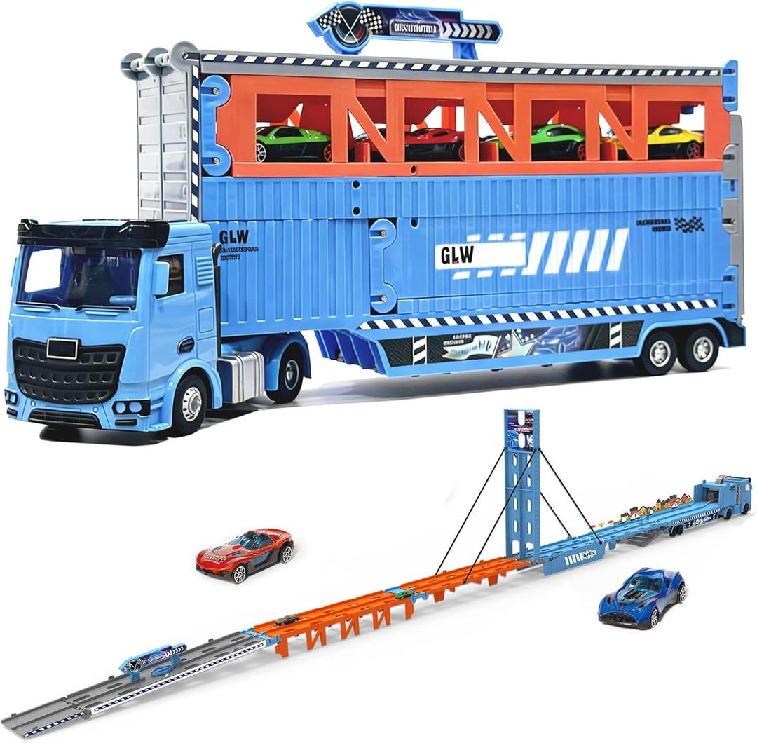 78 Inch Foldable Extended Carrier Truck Race Track Playset with Portable Storage Box 8 Die-Cast Cars, Multi-Functional Transport Truck Toys for Toddlers Ages 3-8