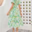 FENSACE Women's Elegant Floral Flowy Puff Sleeve Dress Summer 2025 Casual Romantic Sundress with Elastic Tie-Waist, Large, Green Floral Design 