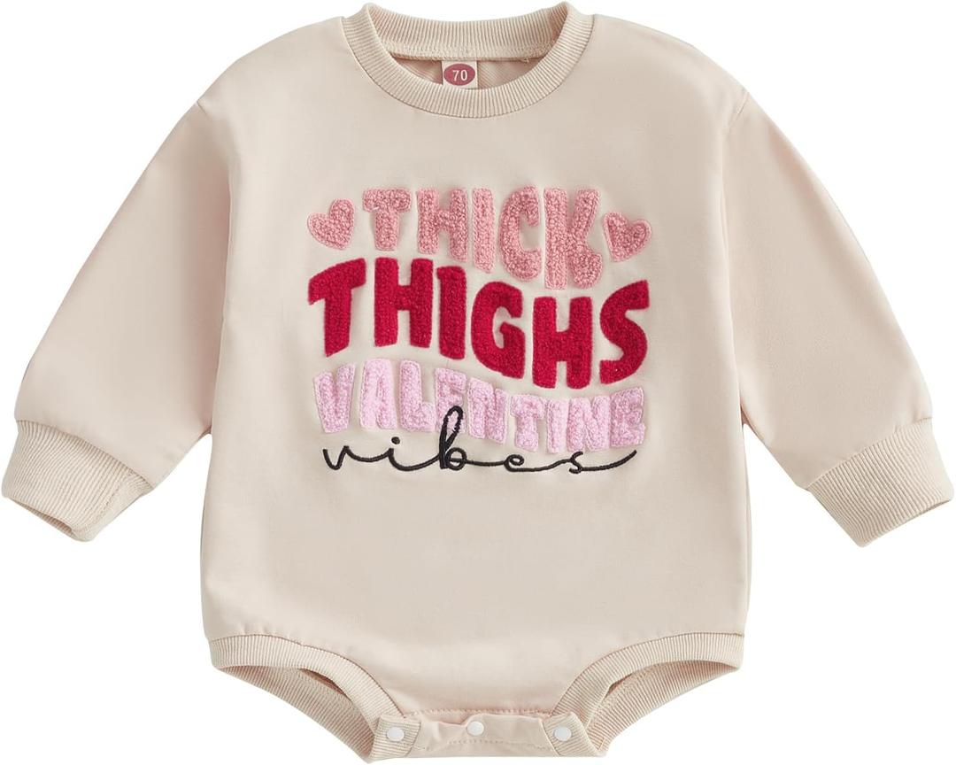 FIOMVA Valentines Girl Outfit Infant Heart Bow Bubble Romper Sweatshirt Newborn Bodysuit Top Toddler Spring Clothes (0-3 Months, G Thick Thighs Valentine Apricot), 6-12 Months
