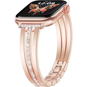 AIRSPO Slim Gold Band Compatible with Apple Watch 38mm 40mm 41mm 42mm Women Thin Metal Strap Dressy Jewelry Bracelet with Bling Diamond for iWatch Bands Series 11 10 9 8 7 6 5 4 3 SE, Rose Gold