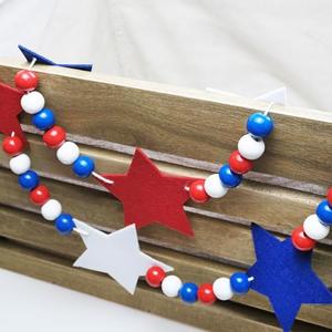 7.5ft Patriotic Wooden Bead Garland with Felt Stars - 4th of July Decorations, Independence Day Banner for Fireplace Mantel, Farmhouse Wall Hanging, Party & Home Decor 2Pcs
