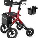 MAXWALK Rollator Walker with Seat, Tall Walkers for Seniors, 12" Big Rubber Wheels All Terrain Rollator Walker with Backrest, Built-in Cable, Foldable and Dual Adjustable Height for 5.3-7ft, Red