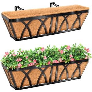 Riare 2 Pack 24 Inch Metal Railing Planter Window Box with Coco Liner- Adjustable Window Flower Boxes for Railings, Hanging Rail Planters for Deck, Balcony, Porch, Fence, Indoor Outdoor Plants