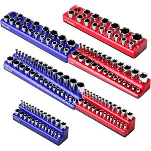 Magnetic Socket Organizer,6-Pack SAE & Metric 1/2,3/8,1/4 Inch Drive Sockets Holder,Holds 141 Standard/Deep Sockets,Blue and Red Magnetic Socket Tray(Sockets Not Included)