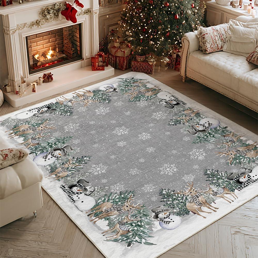 Artoid Mode Grey Snowman Deer Tree Christmas Area Rug, Winter Home Decor Low-Profile Washable Area Rugs for Entryway Bedroom Living Room Laundry Room Indoor 5x7 Feet