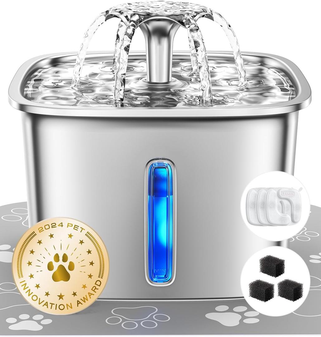 Veken Innovation Award Winner Stainless Steel Cat Water Fountain, 95oz/2.8L Automatic Pet Fountain with 3 Replacement Filters & 3 Pre-Filter Sponges & Silicone Mat for Cats, Dogs (Silver)