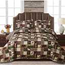 Oliven Reversible Lodge Plaid Bedding Moose Bear Quilt Full/Queen Size Rustic Bedspread Cabin Coverlet Wildlife Forest Daybed Cover Summer Lightweight Bed Cover Pillow Shams