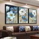 ASDCEUTICALS Large Framed Wall Art - Boho Flowers Wall Decor, Retro Floral Pictures, Blue White Botanical Canvas Prints for Bedroom Living Room Bathroom Kitchen Office Artwork 24" X 36" X 3 Pcs (Teal)