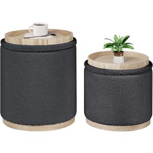 B FSOBEIIALEO Storage Ottoman Round Boucle Ottomans with Tray, Set of 2 Teddy Foot Rest Ottoman Cube with Storage for Living Room, Dark Grey 15"x15"x16.9"
