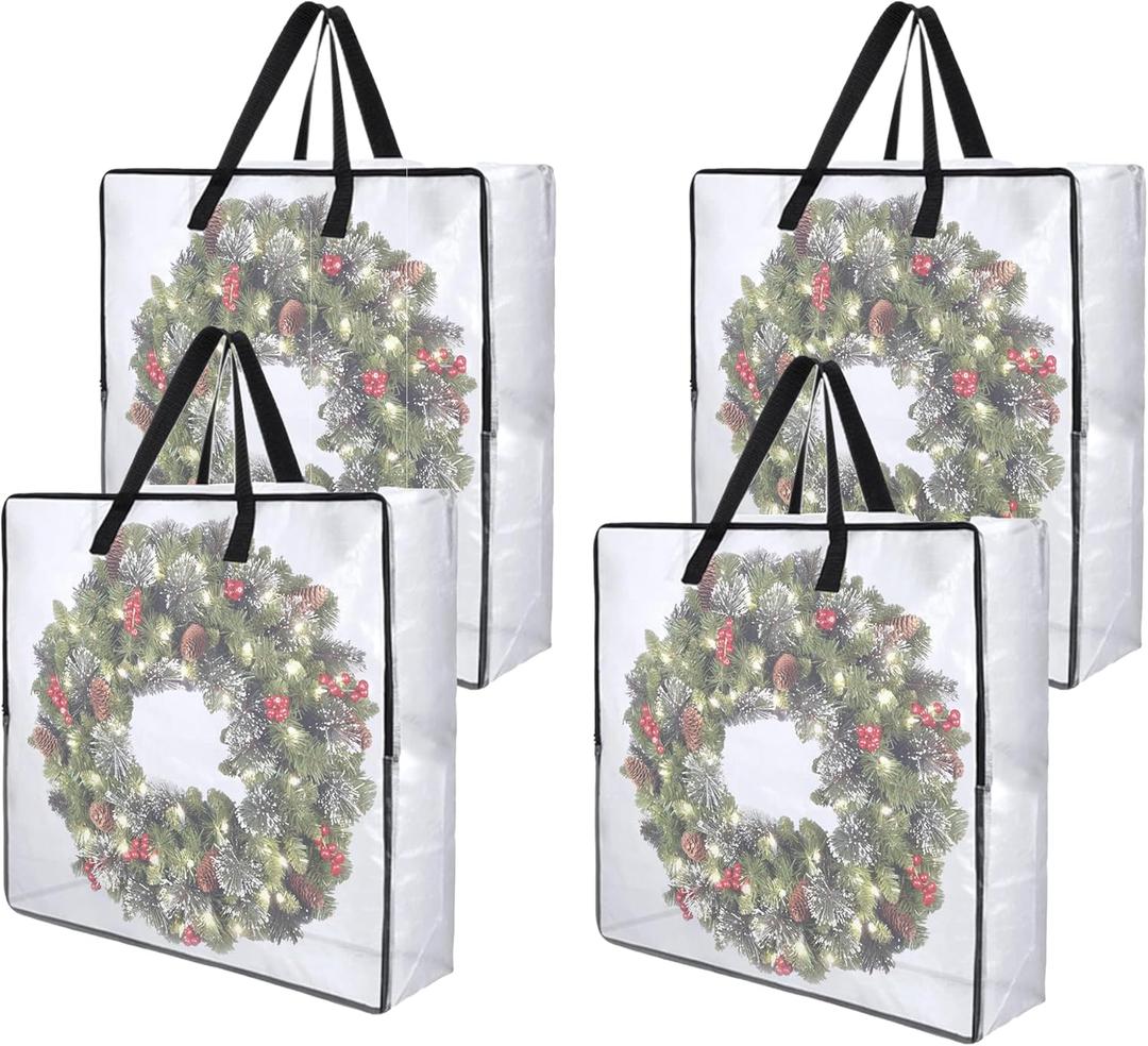 4 Pack Wreath Storage Bag, 26 Inches 90 L Wreath Storage Container, Reinforced Handles & Smooth Zippers, Foldable Large Storage Bags for Christmas/Seasonal Wreaths, Clothing, Bedding, Blankets, Toys