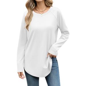 Laughido Women's Casual Raglan Long Sleeve Tunic Round Neck Curved Hem Loose Fit 2025 Basic Long Sweatshirt (Medium, White)