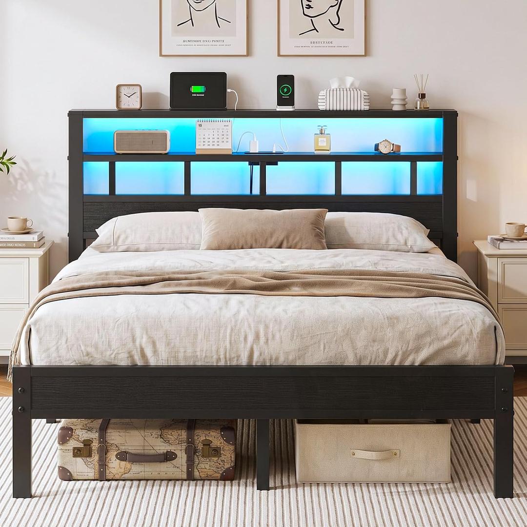 Queen Size Bed Frame with Charging Station and LED
Metal Platform Bed with Headboard, 2-Tier Wooden Storage Shelves, No Box Spring Needed, Easy Assembly, Under-Bed Space,Black