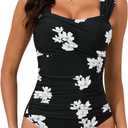VECENEY One Piece Bathing Suit for Women Tummy Control Swimsuits Square Neck Ruched Modest Swimwear Floral Black White M