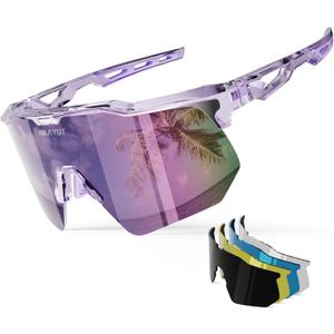 HAAYOT Polarized Sports Sunglasses for Men Women Youth Baseball Cycling Running Softball Biking Glasses 5 Lenses (Transparent Purple)