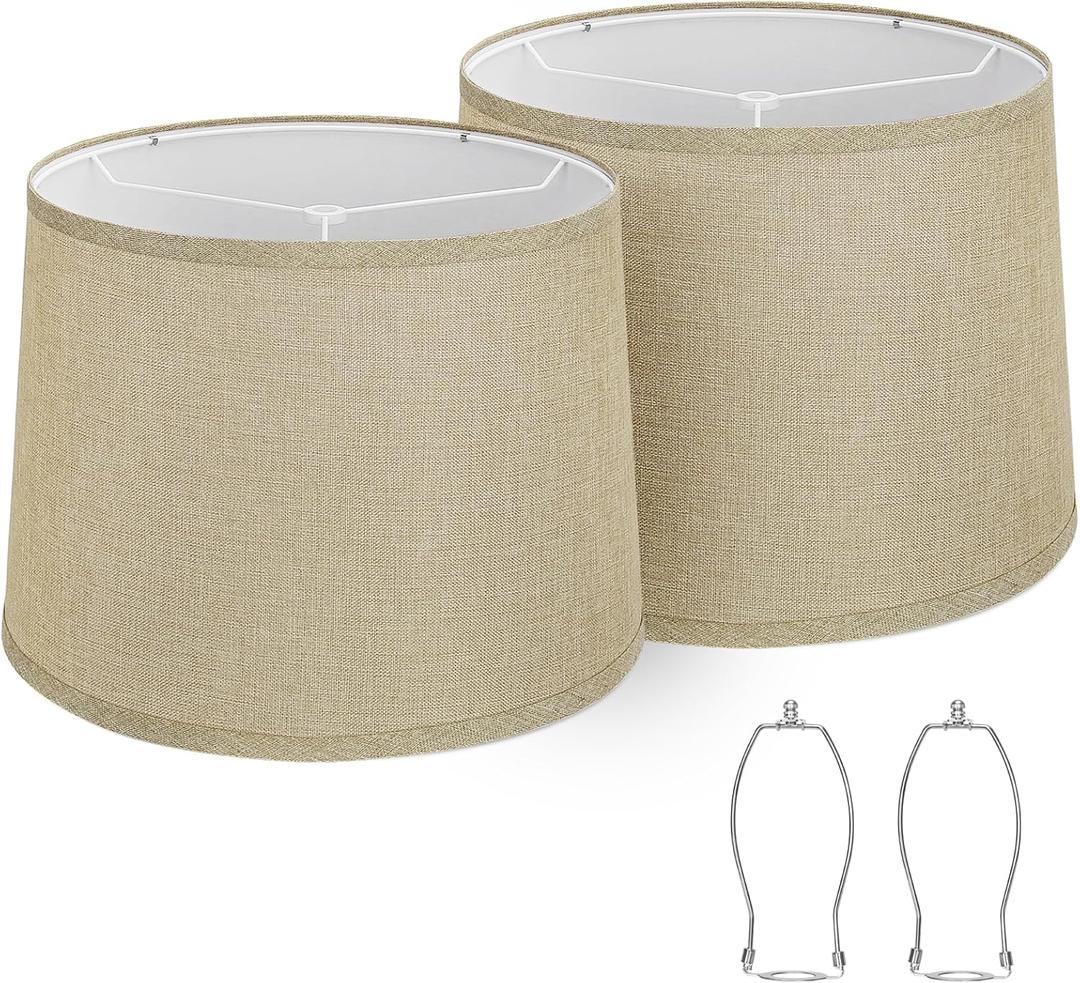 Drum Lampshades Set of 2, Fabric Lampshades for Table Lamps Floor Lamps, Medium Lampshades 11.6" Top x 12.6" Bottom x 9.8" High, Easy Assembly Shades Replacement, Natural Linen Hand Crafted (Spider) (Farmhouse Brown)