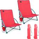 Northroad 2 Pack Low Folding Beach Chair,Portable Lightweight Lowback Sling Chair, Outdoor Low Seat Camping Chair w/Cup Holder & Carry Bag for Sand Camping Lawn Picnic Festival,Pink, 2 PCS