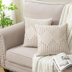 Boho Throw Pillow Covers Set of 2 for Living Room, Soft Cotton & Cozy Linen, Farmhouse Sytle Decorative Home (Beige & Khaki, 18x18 inch)