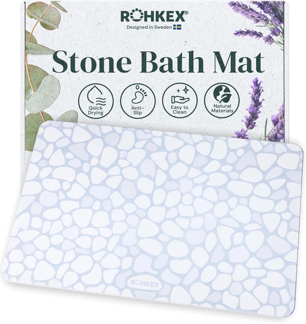 ROHKEX Stone Shower Mat - Diatomite Blue & White, 15x24, Non-Slip
Diatomaceous earth mat - fast-drying, non-slip, textured - Use for bathroom & shower floor, easy clean