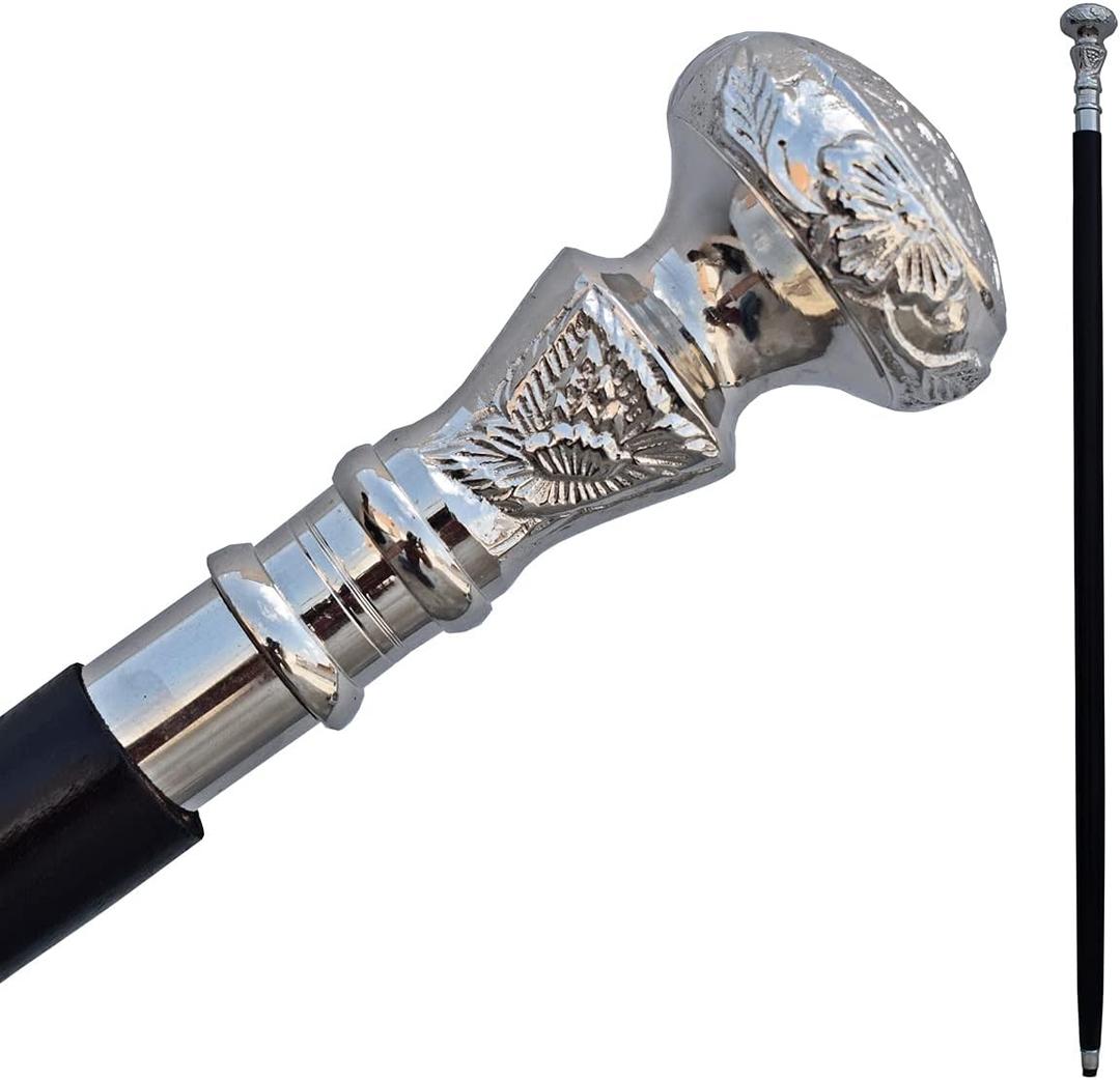 Vintage Walking Cane Wooden Walking Stick Silver Brass Handle knob Black Wood Stick - Victorian Cane - Fancy Cane for Men and Women