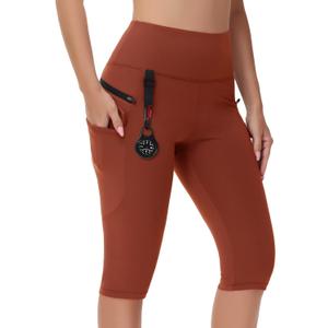 Women's Hiking Long Shorts Knee Length Capri Leggings with Zip Pockets High Waisted Biker Short Athletic Outdoor Travel (Red, L)