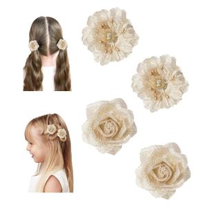 WNYUJOY Baby Girls Floral Hair Bows Clips, 4Pcs Glitter Gold Flower Hair Barrettes Alligator Clips, Hair Accessories for Toddlers Kids Teens