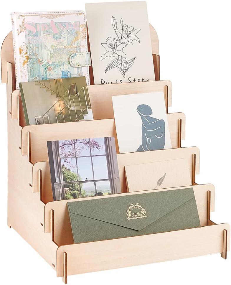 PH PandaHall 5 Tier Greeting Card Display Stand, Wooden Greeting Card Holder Portable Cardboard Sticker Display Stand Retail Display Stand for Cards Stickers Photos Vendor Retail Counter Trade Show