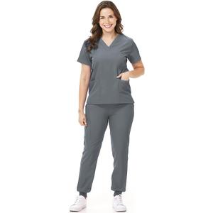 Scrubs Set for Women Nurse Uniform V-Neck Top and Drawstring Jogger Pants with Multi Pocket Nurse Workwear (Medium, Gray)