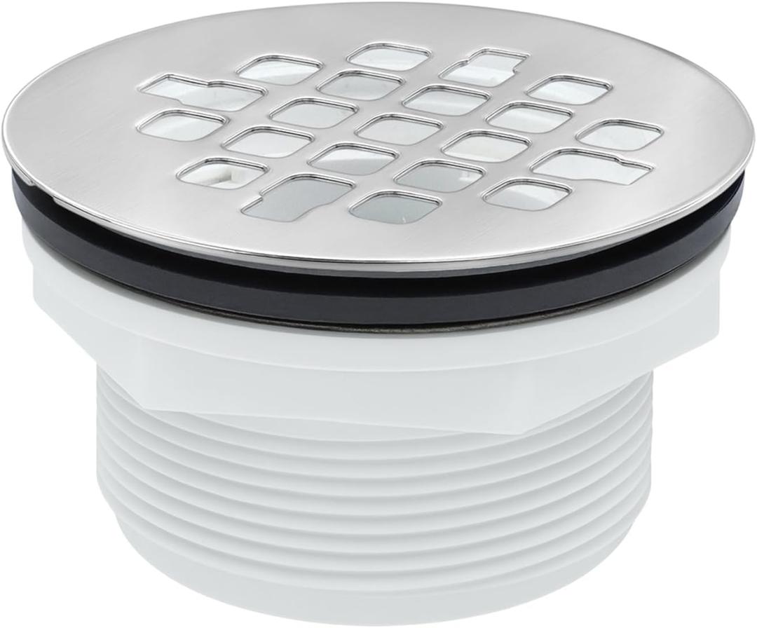 2" PVC No-Caulk Compression Shower Drain with 4-1/4" Chrome Stainless Steel Strainer - Perfect Floor Drain Cover for 2 Inch Pipe, Ideal for Shower Pan Kits - Easy to Install