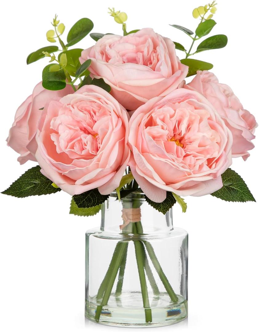 Hollyone Real Touch Peonies Artificial Flowers Arrangements in Vase Pink Fake Peonies with Glass Vase Silk David Austin Roses Faux Flowers with Faux Water Bouquet Table Floral Centerpiece Home Decor