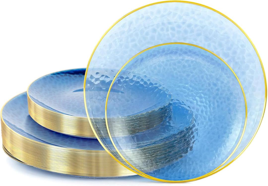 Lullaby 60Pcs Blue Gold Plastic Plates, Blue Disposable Plates With Gold Rim, Plastic Plates Include 30 Dessert Plate 10'', 30 Dinner Plate 7'' for Party, Birthdays and Wedding