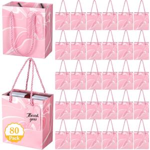 Zhanmai 80 Pcs Mini Gift Bags with Handles, 4.3 x 2.5 x 5 Inches Small Thank You Paper Goodie Bags Bulk for Birthday Wedding Baby Shower Party(Pink)